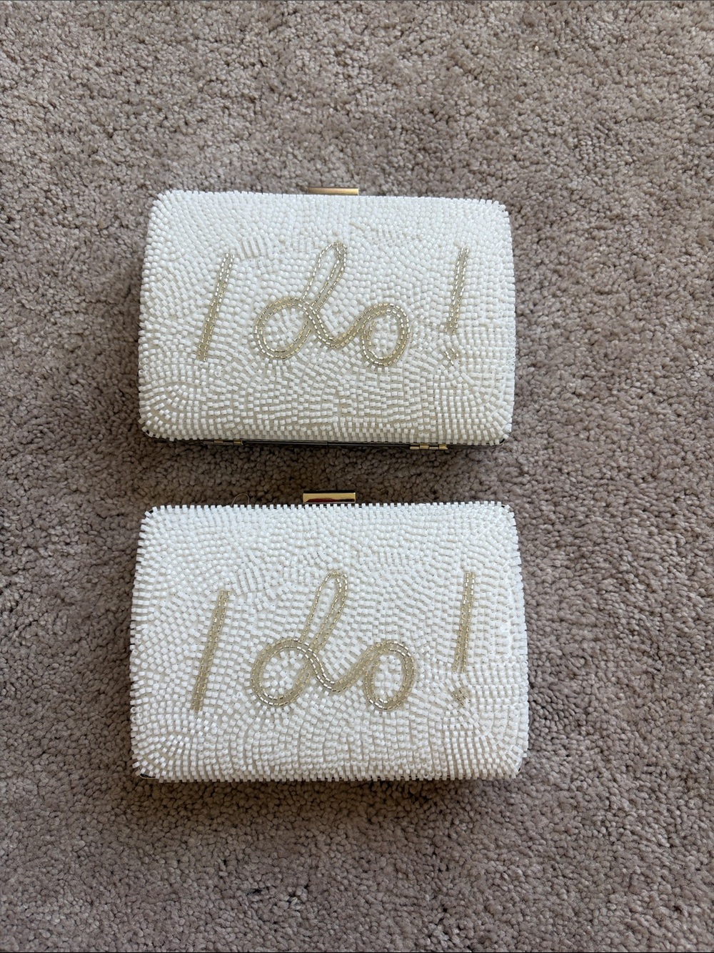 Source Unknown White Beaded 'I do!' Clutch with Gold Script